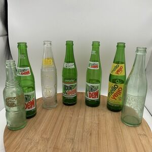 7 Vintage Antique‎ Glass Bottles RC Cola Tab Mountain Dew Mello Yello Nu Grape